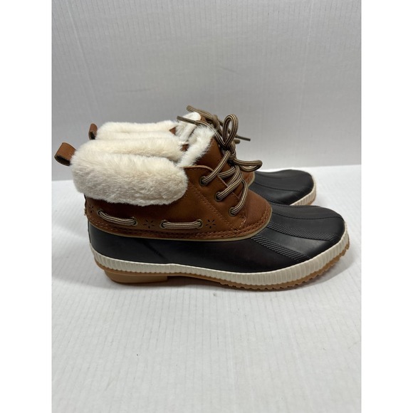 NEW JSport Womens Mary Faux Fur Trimmed Slip On Duck Boots Brown Leather Sz 8M - Picture 5 of 6